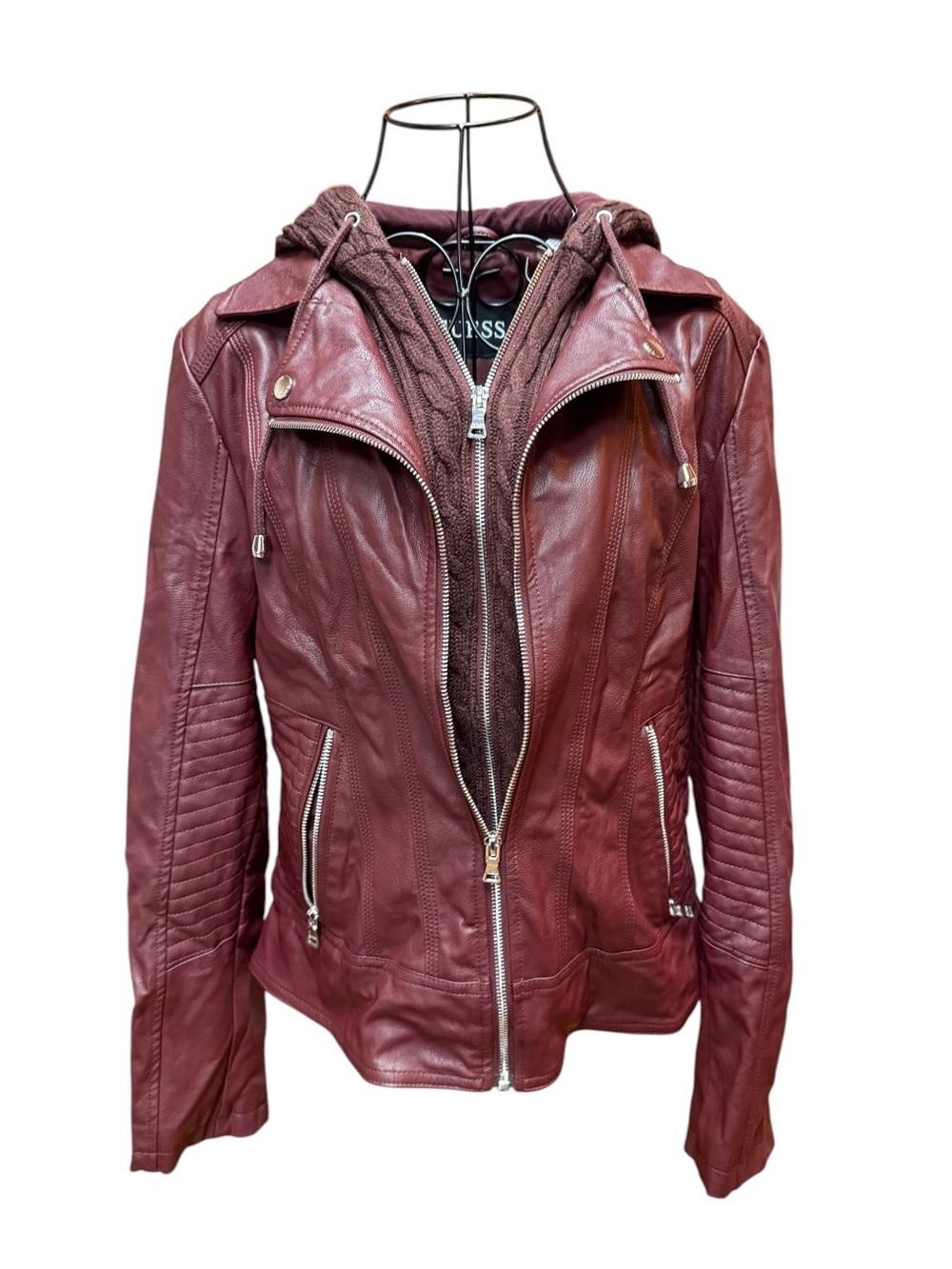 Guess Burgundy Red Leather Moto Jacket with Hooded Liner